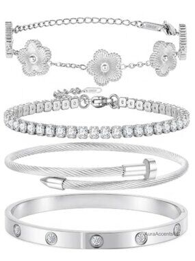 4Pcs Silver Bangle Set for Women Stainless Steel Non Tarnish Stackable Bracelets
